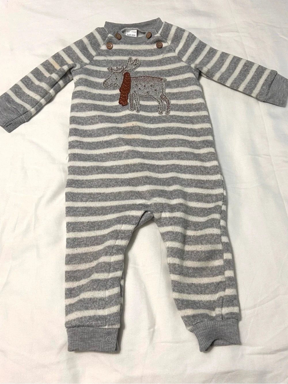 12 Month 2 Pieces! Long Sleeve One-piece Romper Knit Gray Moose and Green Stripe